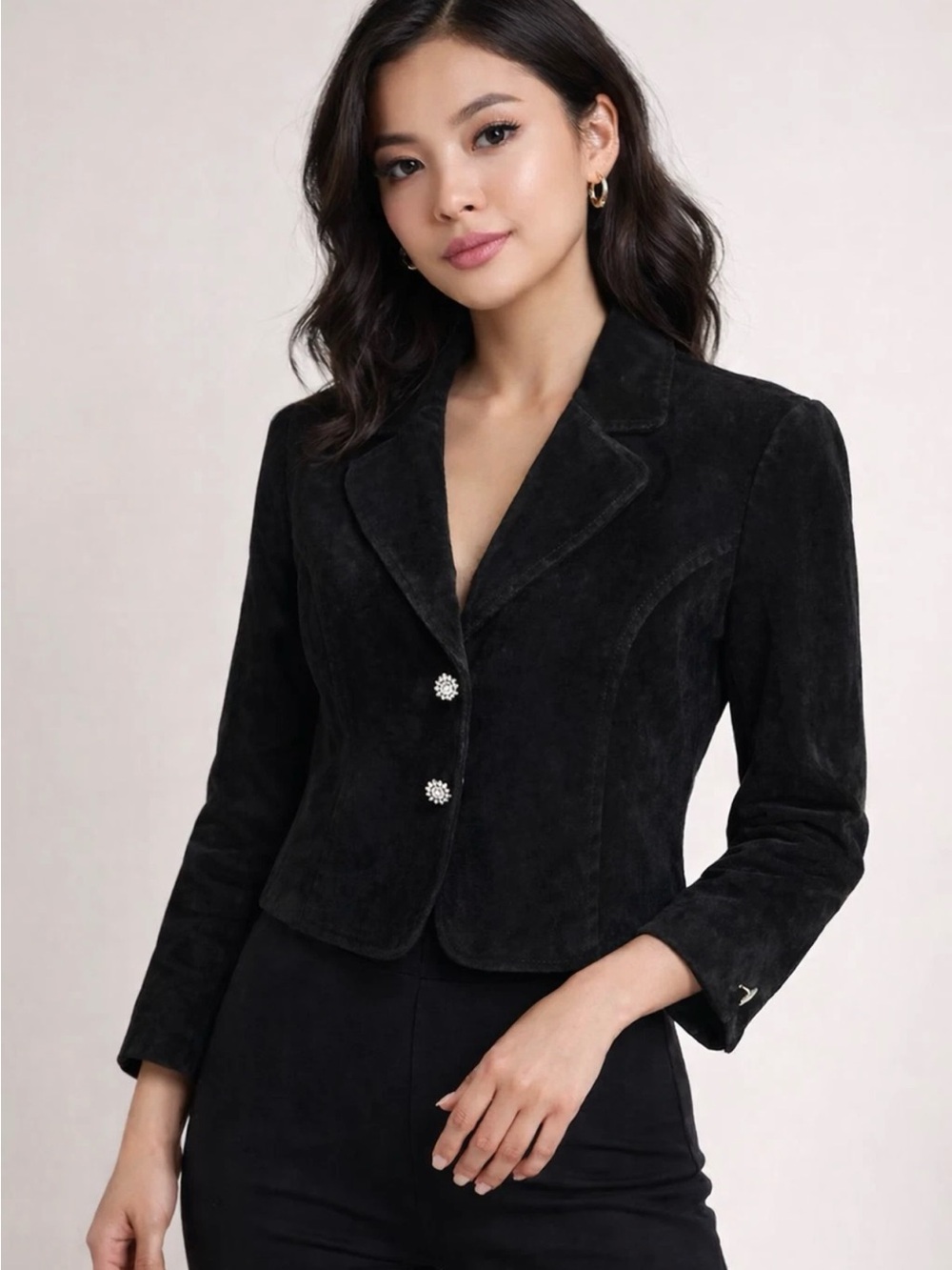 Live a Little Black Leather Cropped Blazer with Crystal Buttons